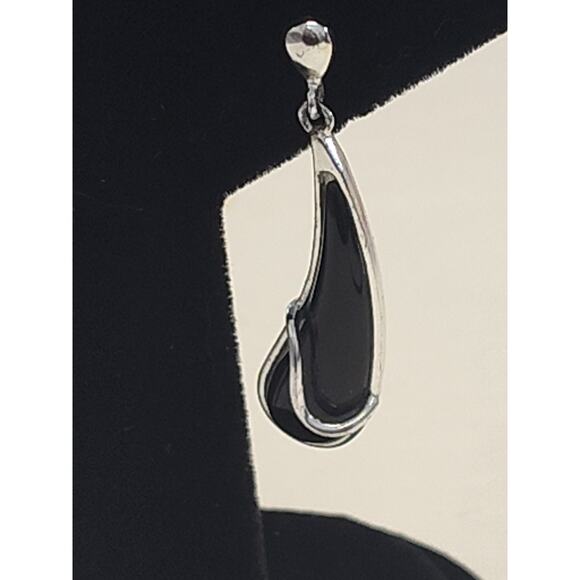Vintage Teardrop Black Onyx Sterling Silver 925 Drop Earrings 1.25" - Picture 3 of 4